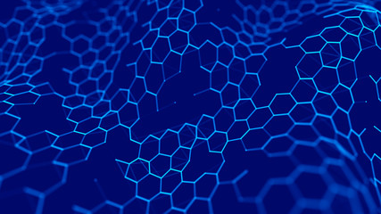Futuristic blue hexagon background. Futuristic honeycomb concept. Wave of particles. 3D rendering. Data technology background