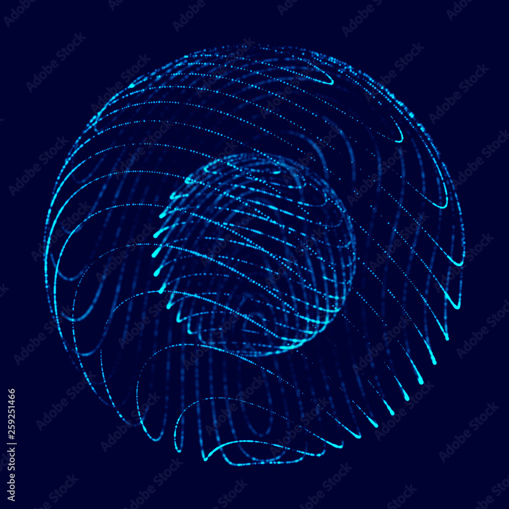 Poster Abstract 3d sphere. Sphere with twist lines. Glowing lines twisting Logo design. Outer space object. Futuristic technology style. Sphere particles. 3d rendering.