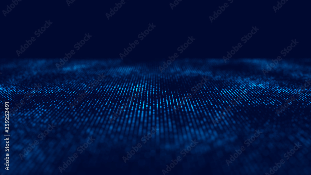 Poster wave 3d. wave of particles. abstract blue geometric background. big data visualization. data technol