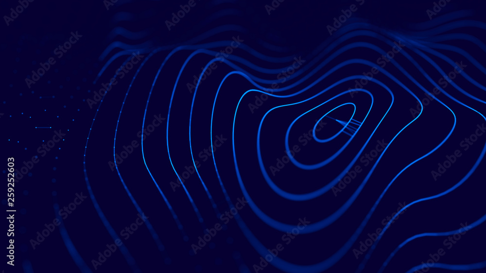 Poster Wave 3d. Wave of particles. 3D glowing abstract digital particles background. Data technology illustration. Big data visualization. 3d rendering.