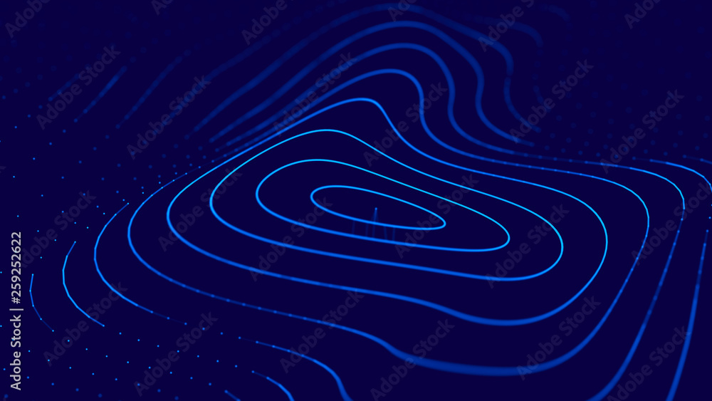 Poster Wave 3d. Wave of particles. 3D glowing abstract digital particles background. Data technology illustration. Big data visualization. 3d rendering.