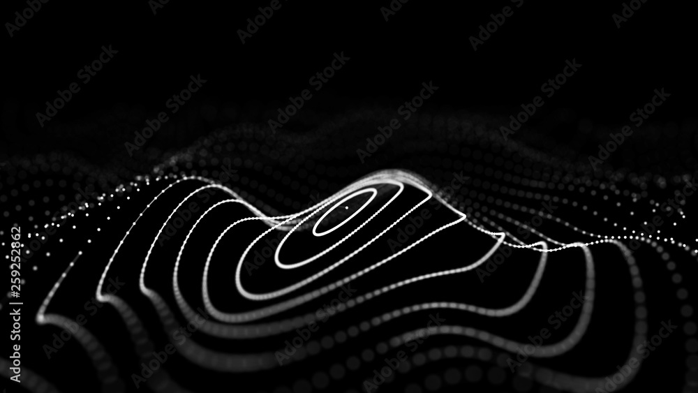 Poster wave 3d. wave of particles. 3d glowing abstract digital particles background. data technology illust