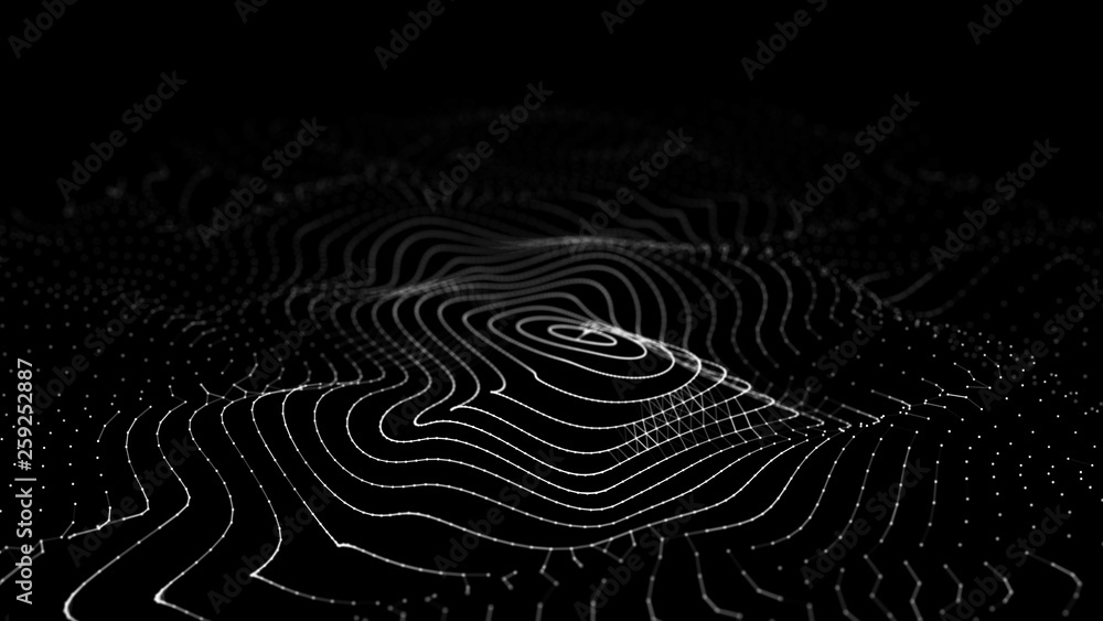 Poster wave 3d. wave of particles. 3d glowing abstract digital particles background. data technology illust