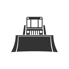 Bulldozer. Front view. Black silhouette of a tractor. Vector drawing. Isolated object on white background. Isolate.