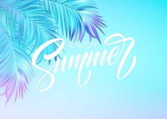 Fototapeta na wymiar Summer lettering design in a colorful blue and purple palm tree leaves background. Vector illustration