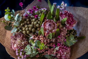 Beautiful Australian native flower arrangement wrapped bouquet Eucalyptus, protea, bush flowers,...