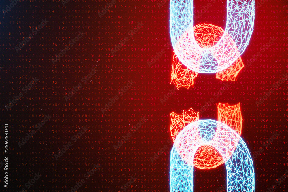 Poster disconnected, broken chain, digital block chain technology. cryptocurrency, concept of digital code.