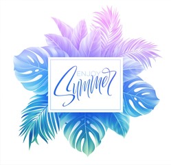 Fototapeta na wymiar Summer lettering design in a colorful blue and purple palm tree leaves background. Vector illustration