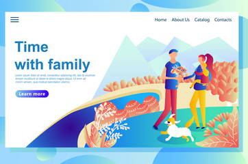 Web page design template shows happy couple playing with children on the lawn.