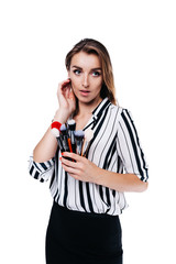 makeup artist girl on a white background with brushes