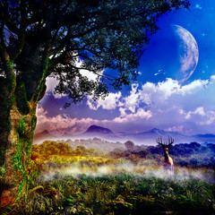 Obrazy na Szkle  epicka ilustracja lasu fantasy z majestatycznym drzewem i środowiskiem naturalnym