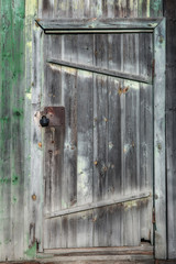 wooden old green door on a rustic barn