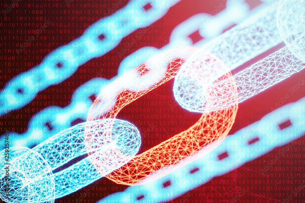 Poster 3d illustration digital block chain code. chain links network. low polygonal grid of triangles glowi