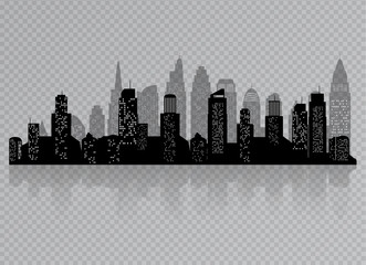 The silhouette of city with black color  Isolated on a transparent background. in a flat style. Modern urban landscape. vector illustration.