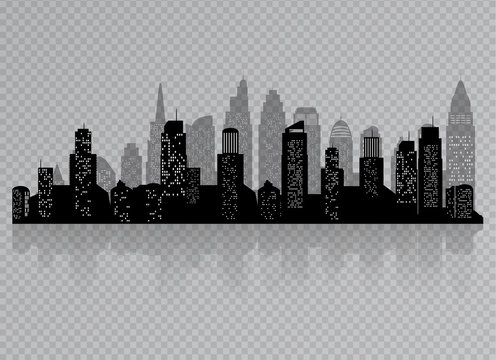 The silhouette of city with black color  Isolated on a transparent background. in a flat style. Modern urban landscape. vector illustration.