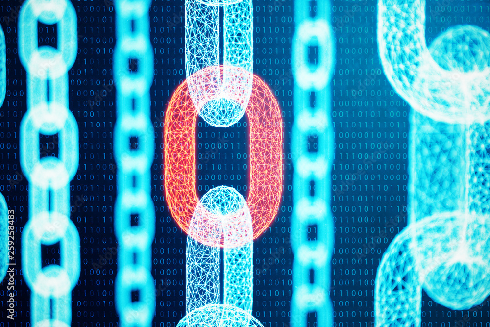Poster 3d illustration digital block chain code. chain links network. low polygonal grid of triangles glowi
