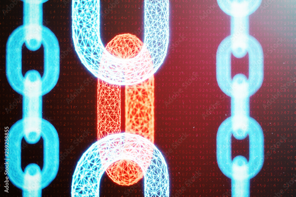 Poster 3d illustration digital block chain code. chain links network. low polygonal grid of triangles glowi