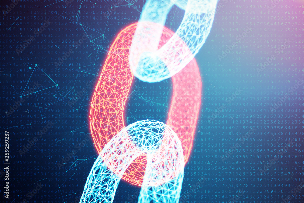 Poster 3d illustration digital block chain code. chain links network. low polygonal grid of triangles glowi