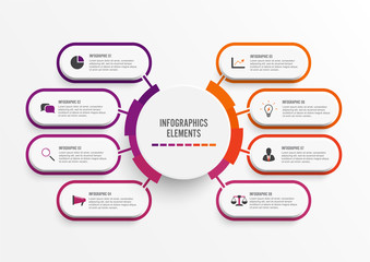 Vector infographic template with 3D paper label, integrated circles. Business concept with 8 options. For content, diagram, flowchart, steps, parts, timeline infographics, workflow, chart.