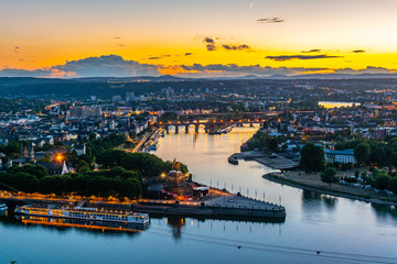 Sunset aerial view of confluence of Rhein and Mosel rivers in Koblenz, Germany