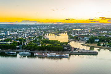 Sunset aerial view of confluence of Rhein and Mosel rivers in Koblenz, Germany