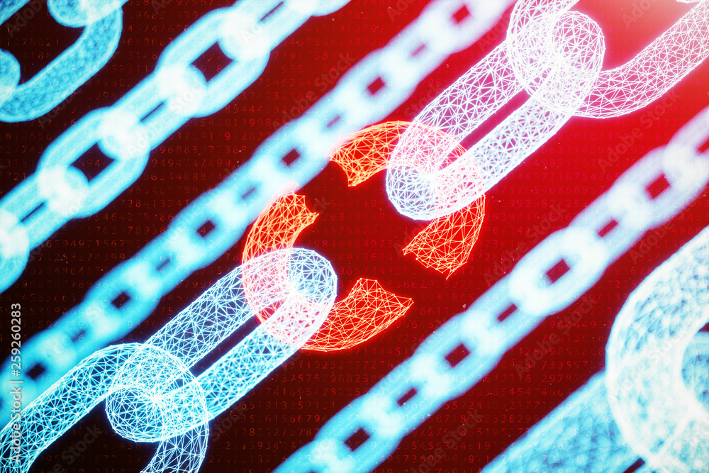 Aufkleber disconnected, broken chain, digital block chain technology. cryptocurrency, concept of digital code.
