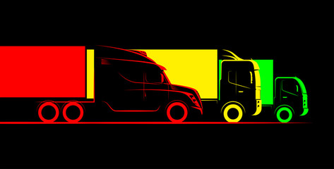 three trucks wagon simple side view schematic image on black background