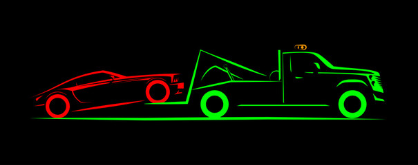 partial loading tow truck simple side view schematic image on black background