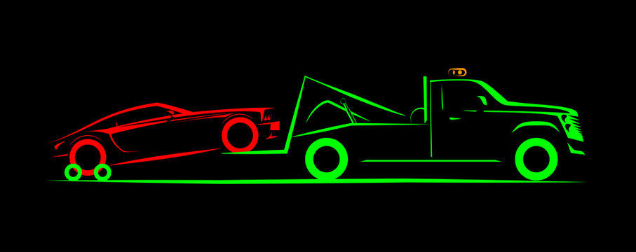 partial loading tow truck simple side view schematic image on black background