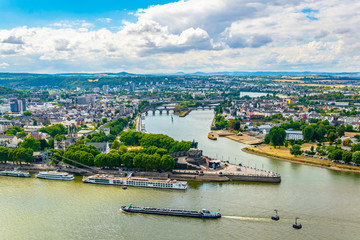 Aerial view of confluence of Rhein and Mosel rivers in Koblenz, Germany
