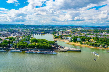 Aerial view of confluence of Rhein and Mosel rivers in Koblenz, Germany