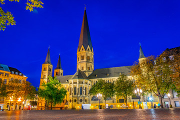 Night view of the cathedral in the center of Bonn, Germany