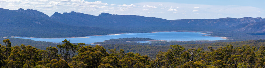 Wide panorama of Lake Wartook from The Rees Lookout in Grampians National Park, Victoria, Australia