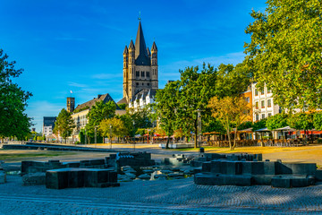 Riverside promenade and Saint Martin church in Cologne, Germany