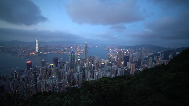 HongKong skyline lights by dusk. Beautiful panoramic lights show