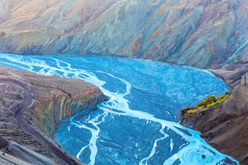 canyon landscape of blue river valley closeup