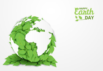 Happy earth day . Ecology concept,  Design with leaves in the globe on white background . paper art style. Vector.