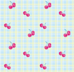 チェリーとチェックのリピート素材（かわいいグリーン)
