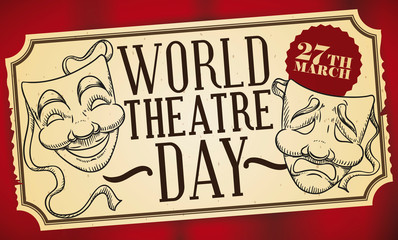 Commemorative Ticket with Masks for World Theatre Day Celebration, Vector Illustration