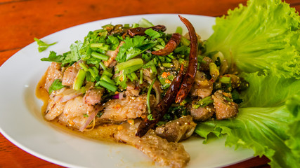 Top view Pork and Vegetable Thai Cuisine ,Thailand (Laab Isan)