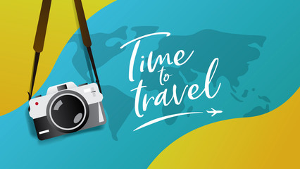 Travel poster, brochure , flyer, web banner template. Hanging vintage camera vector illustration with slogan "Time to Travel" typography