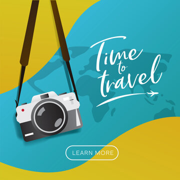 Travel poster, brochure , flyer, web banner template. Hanging vintage camera vector illustration with slogan "Time to Travel" typography