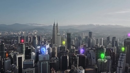 AERIAL. Colorful Map pin flat above city scape and network connection concept - Powered by Adobe