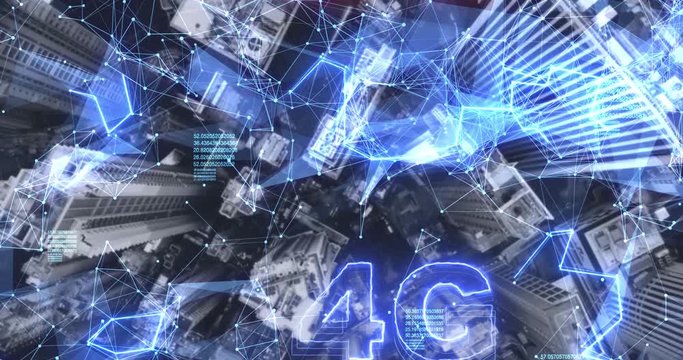 AERIAL. Camera moving from 4G to 5G network digital hologram on city background.5G network wireless systems.