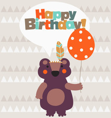 Happy birthday - lovely vector card with funny Indian bear
