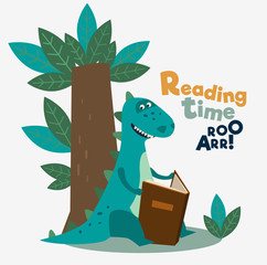 Cute dinosaur reads a book under the tree. Funny tyrannosaur relaxing in park