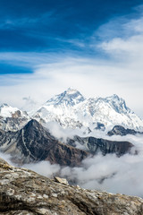 Scenery view of Mount Everest (8,848 m) the highest mountains in the world view from the top of Renjo la pass (5,340 m) during trekking in Sagarmatha national park, Nepal. © boyloso