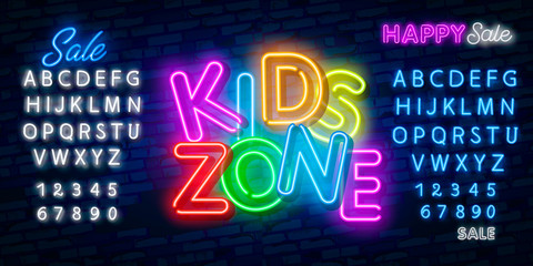 Kids Zone design template neon sign, light banner, neon signboard, nightly bright advertising, light inscription. Vector illustration