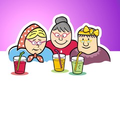 Senior women in canteen, home of seniors, funny vector illustration. Humorous creative illustration with your own text.