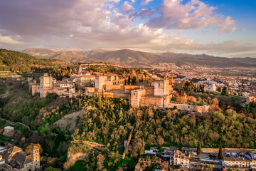 Fototapeta na wymiar Granada Alhambra medieval palace castle at sunset aerial view